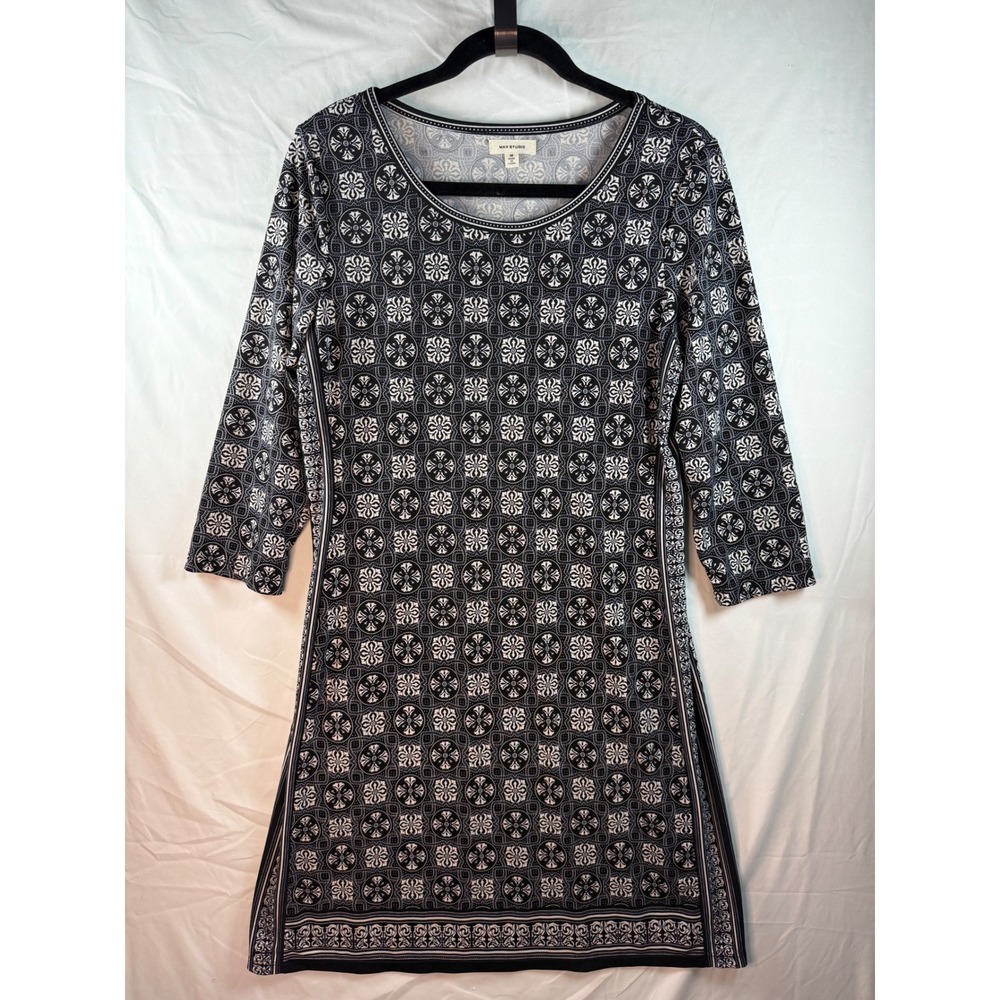 Max Studio Black White Geometric Tile Print‎ 3/4 Sleeve Shift Dress Sz M comfort